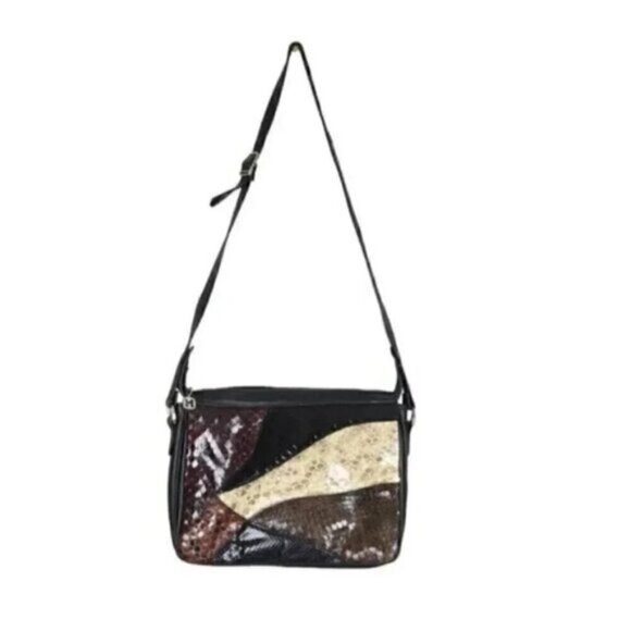 Vintage Cuero Vaca Leather Snakeskin Purse Shoulder Bag Black Patchwork - Picture 2 of 14